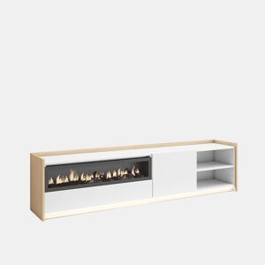 Móvel de TV, Muito espaço de arrumação, 207x37x50cm, Para televisores até 80, Lareira eléctrica, LED, Estilo moderno, Branco e Carvalho soft