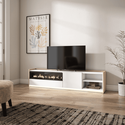 Móvel de TV, Muito espaço de arrumação, 207x37x50cm, Para televisores até 80, Lareira eléctrica, LED, Estilo moderno, Branco e Carvalho soft Móvel de TV, Muito espaço de arrumação, 207x37x50cm, Para televisores até 80, Lareira eléctrica, LED, Estilo moderno, Branco e Carvalho soft