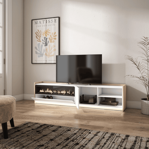 Móvel de TV, Muito espaço de arrumação, 207x37x50cm, Para televisores até 80, Lareira eléctrica, LED, Estilo moderno, Branco e Carvalho soft Móvel de TV, Muito espaço de arrumação, 207x37x50cm, Para televisores até 80, Lareira eléctrica, LED, Estilo moderno, Branco e Carvalho soft