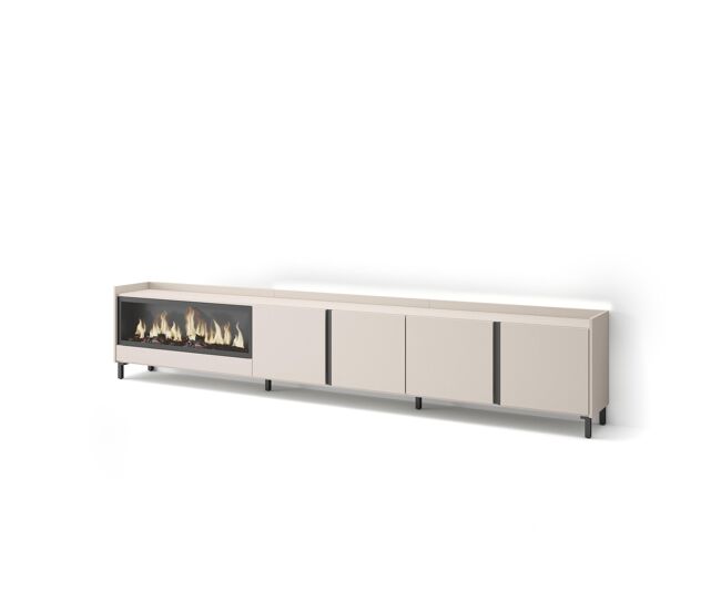 Mueble tv, televisión, muebles de salón, almacenaje, 315x35x61cm, para tv hasta 80", chimenea eléctrica xxl, diseño industrial, led, estilo moderno, beige