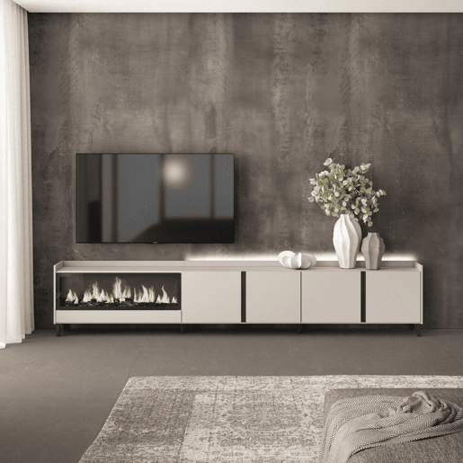Móvel de TV, Muito espaço de arrumação, 315x35x61cm, Para televisores até 80, Lareira eléctrica XXL, Design industrial, LED, Estilo moderno, Bege