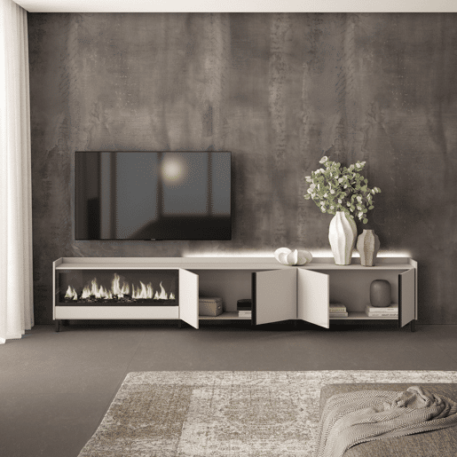 Móvel de TV, Muito espaço de arrumação, 315x35x61cm, Para televisores até 80, Lareira eléctrica XXL, Design industrial, LED, Estilo moderno, Bege