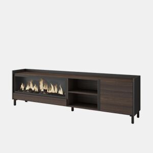 Móvel de TV, Muito espaço de arrumação, 212x35x61cm, Para televisores até 80, Lareira eléctrica XXL, Design industrial, Estilo moderno, Carvalho escuro e Preto