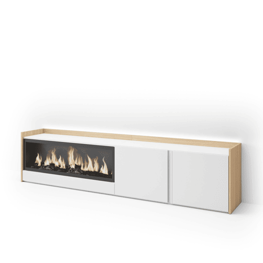 Móvel de TV, Muito espaço de arrumação, 212x35x50cm, Para televisores até 80, Lareira eléctrica XXL, LED, Estilo moderno, Branco e Carvalho soft