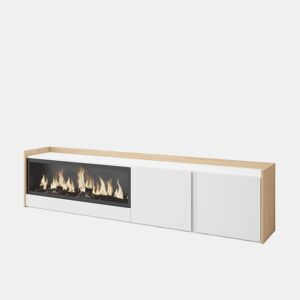 Móvel de TV, Muito espaço de arrumação, 212x35x50cm, Para televisores até 80, Lareira eléctrica XXL, LED, Estilo moderno, Branco e Carvalho soft