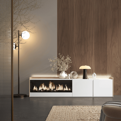 Móvel de TV, Muito espaço de arrumação, 212x35x50cm, Para televisores até 80, Lareira eléctrica XXL, LED, Estilo moderno, Branco e Carvalho soft