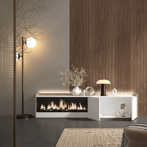 Móvel de TV, Muito espaço de arrumação, 212x35x50cm, Para televisores até 80, Lareira eléctrica XXL, LED, Estilo moderno, Branco e Carvalho soft