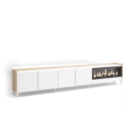 Móvel de TV, Muito espaço de arrumação, 315x35x61cm, Para televisores até 80, Lareira eléctrica XXL, Design industrial, LED, Estilo moderno, Branco e Carvalho soft Móvel de TV, Muito espaço de arrumação, 315x35x61cm, Para televisores até 80, Lareira eléctrica XXL, Design industrial, LED, Estilo moderno, Branco e Carvalho soft