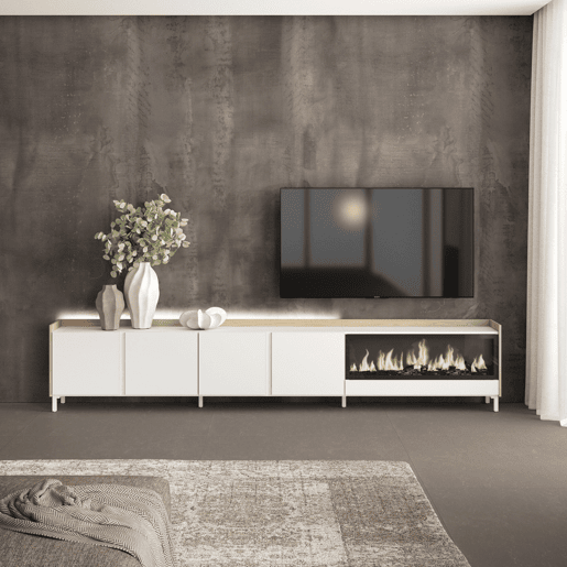 Móvel de TV, Muito espaço de arrumação, 315x35x61cm, Para televisores até 80, Lareira eléctrica XXL, Design industrial, LED, Estilo moderno, Branco e Carvalho soft Móvel de TV, Muito espaço de arrumação, 315x35x61cm, Para televisores até 80, Lareira eléctrica XXL, Design industrial, LED, Estilo moderno, Branco e Carvalho soft