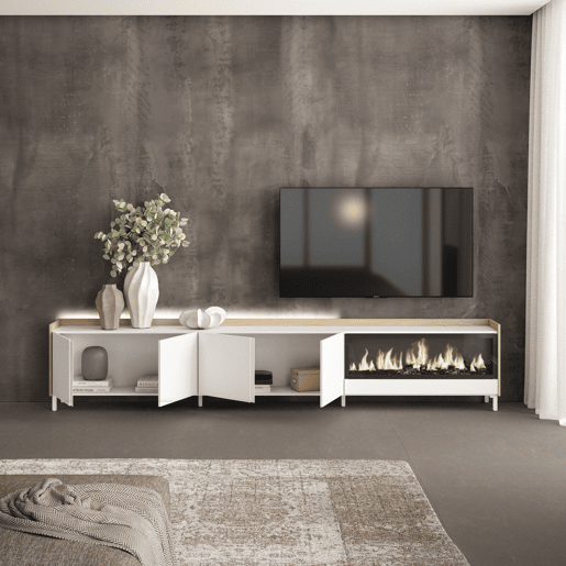 Móvel de TV, Muito espaço de arrumação, 315x35x61cm, Para televisores até 80, Lareira eléctrica XXL, Design industrial, LED, Estilo moderno, Branco e Carvalho soft Móvel de TV, Muito espaço de arrumação, 315x35x61cm, Para televisores até 80, Lareira eléctrica XXL, Design industrial, LED, Estilo moderno, Branco e Carvalho soft