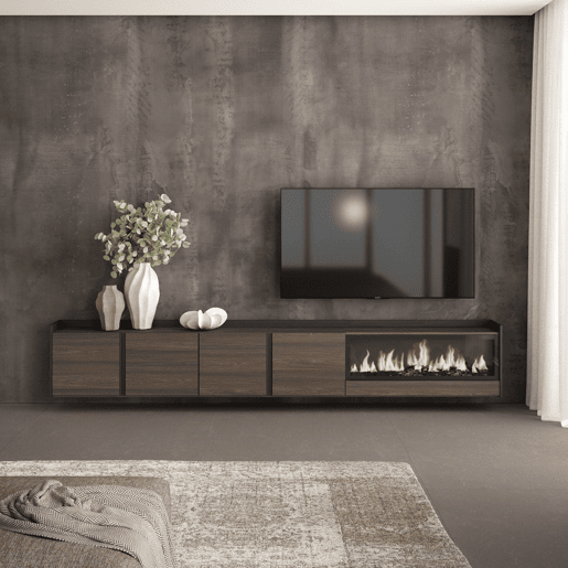 Móvel de TV, Muito espaço de arrumação, 315x35x50cm, Para televisores até 80, Lareira eléctrica XXL, Suspensos, Estilo moderno, Carvalho escuro e Preto Móvel de TV, Muito espaço de arrumação, 315x35x50cm, Para televisores até 80, Lareira eléctrica XXL, Suspensos, Estilo moderno, Carvalho escuro e Preto