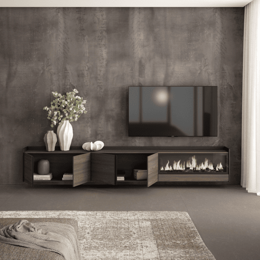Móvel de TV, Muito espaço de arrumação, 315x35x50cm, Para televisores até 80, Lareira eléctrica XXL, Suspensos, Estilo moderno, Carvalho escuro e Preto Móvel de TV, Muito espaço de arrumação, 315x35x50cm, Para televisores até 80, Lareira eléctrica XXL, Suspensos, Estilo moderno, Carvalho escuro e Preto