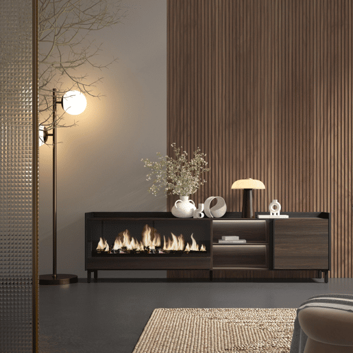 Móvel de TV, Muito espaço de arrumação, 212x35x61cm, Para televisores até 80, Lareira eléctrica XXL, Design industrial, LED, Estilo moderno, Carvalho escuro e Preto