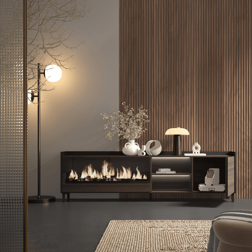 Móvel de TV, Muito espaço de arrumação, 212x35x61cm, Para televisores até 80, Lareira eléctrica XXL, Design industrial, LED, Estilo moderno, Carvalho escuro e Preto