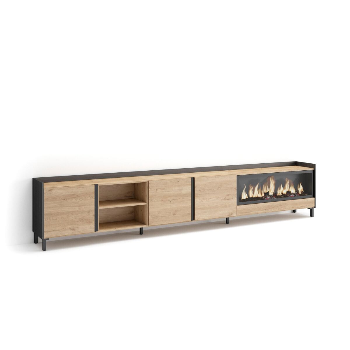 mueble tv television muebles de salon almacenaje 315x35x61cm para tv hasta 80 chimenea electrica xxl diseno industrial estilo moderno roble y negro