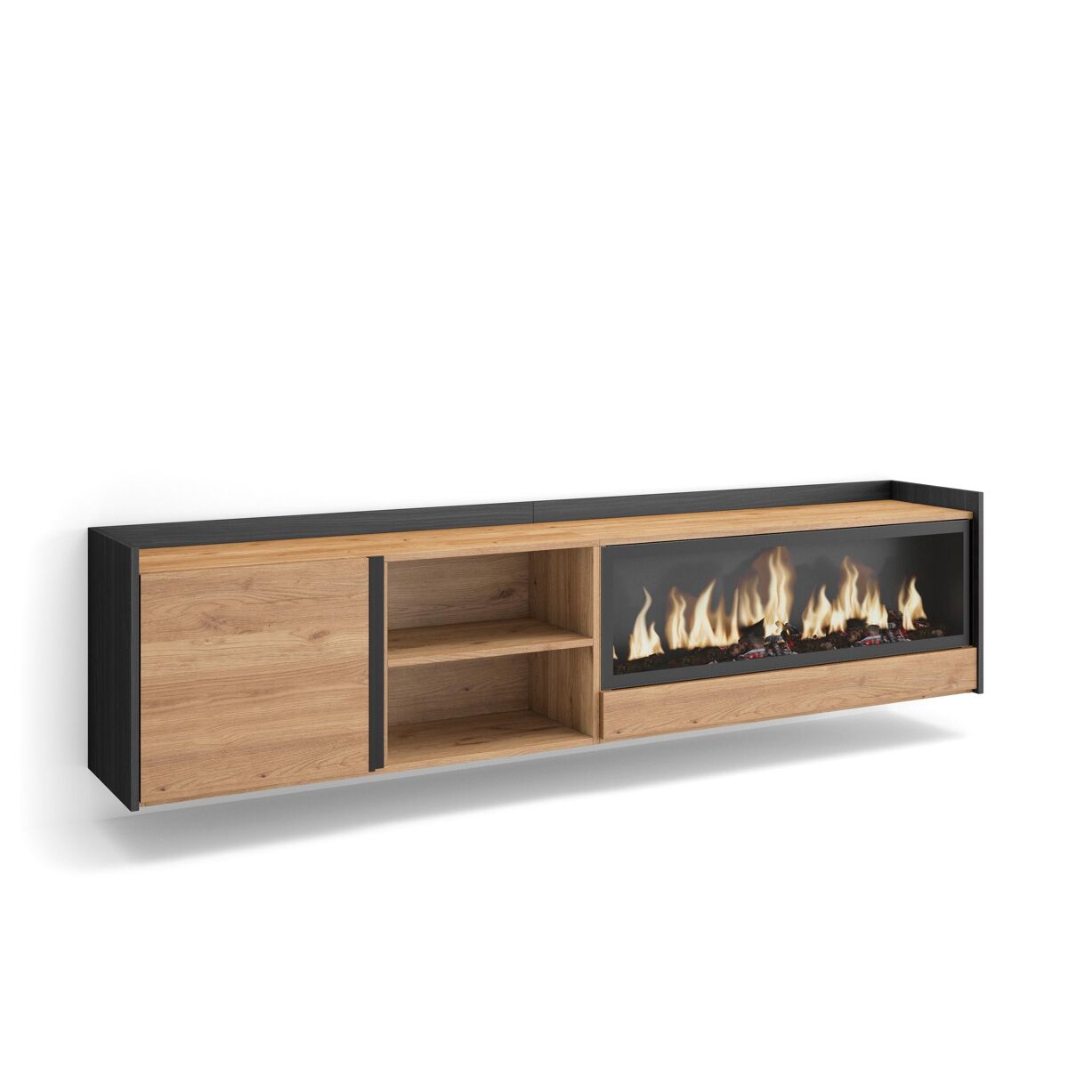 mueble tv television muebles de salon almacenaje 212x35x50cm para tv hasta 80 chimenea electrica xxl colgado suspendido estilo moderno roble y negro