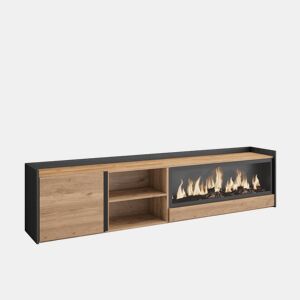 Móvel de TV, Muito espaço de arrumação, 212x35x50cm, Para televisores até 80, Lareira eléctrica XXL, Estilo moderno, Carvalho e preto