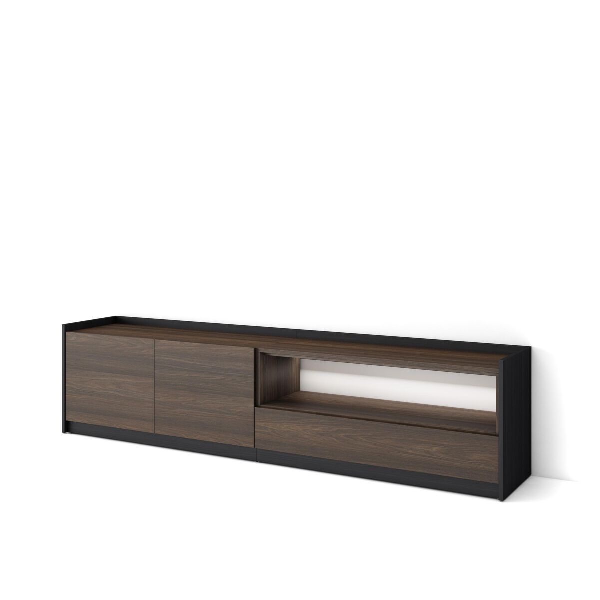 Mueble tv, televisión, muebles de salón, almacenaje, 207x37x50cm, para tv hasta 80", led, estilo moderno, roble oscuro y negro