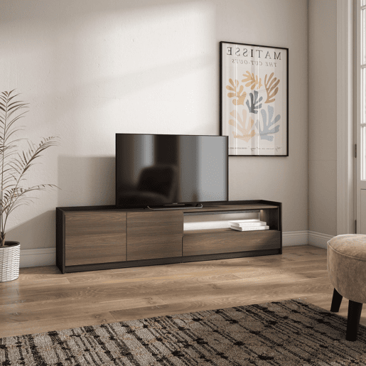 Móvel de TV, Muito espaço de arrumação, 207x37x50cm, Para televisores até 80, LED, Estilo moderno, Carvalho escuro e Preto