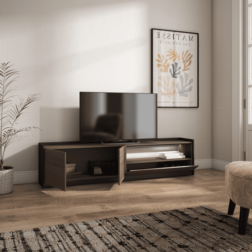 Móvel de TV, Muito espaço de arrumação, 207x37x50cm, Para televisores até 80, LED, Estilo moderno, Carvalho escuro e Preto