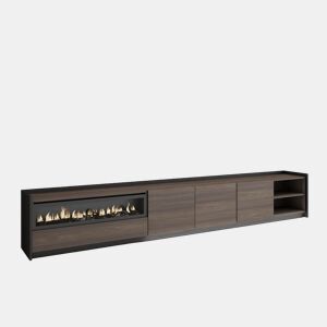Móvel de TV, Muito espaço de arrumação, 310x37x50cm, Para televisores até 80, Lareira eléctrica, LED, Estilo moderno, Carvalho escuro e Preto