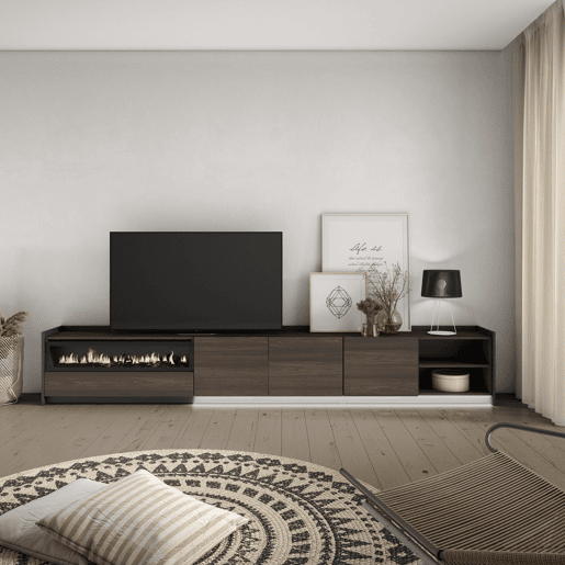 Móvel de TV, Muito espaço de arrumação, 310x37x50cm, Para televisores até 80, Lareira eléctrica, LED, Estilo moderno, Carvalho escuro e Preto