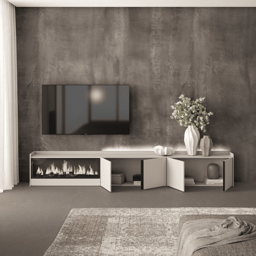 Móvel de TV, Muito espaço de arrumação, 315x35x50cm, Para televisores até 80, Lareira eléctrica XXL, LED, Estilo moderno, Bege Móvel de TV, Muito espaço de arrumação, 315x35x50cm, Para televisores até 80, Lareira eléctrica XXL, LED, Estilo moderno, Bege