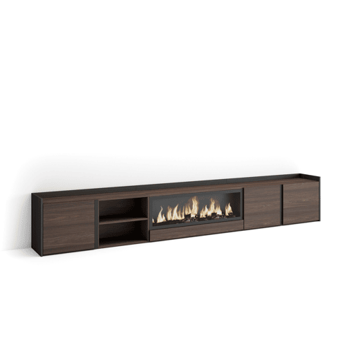 Móvel de TV, Muito espaço de arrumação, 315x35x50cm, Para televisores até 80, Lareira eléctrica XXL, Estilo moderno, Carvalho escuro e Preto Móvel de TV, Muito espaço de arrumação, 315x35x50cm, Para televisores até 80, Lareira eléctrica XXL, Estilo moderno, Carvalho escuro e Preto