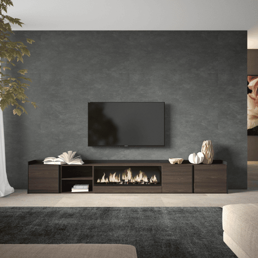 Móvel de TV, Muito espaço de arrumação, 315x35x50cm, Para televisores até 80, Lareira eléctrica XXL, Estilo moderno, Carvalho escuro e Preto Móvel de TV, Muito espaço de arrumação, 315x35x50cm, Para televisores até 80, Lareira eléctrica XXL, Estilo moderno, Carvalho escuro e Preto