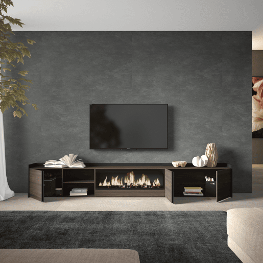 Móvel de TV, Muito espaço de arrumação, 315x35x50cm, Para televisores até 80, Lareira eléctrica XXL, Estilo moderno, Carvalho escuro e Preto Móvel de TV, Muito espaço de arrumação, 315x35x50cm, Para televisores até 80, Lareira eléctrica XXL, Estilo moderno, Carvalho escuro e Preto