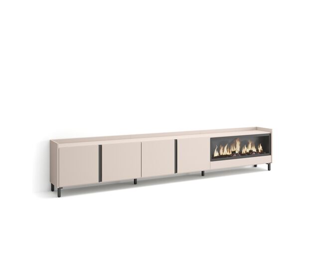 Mueble tv, televisión, muebles de salón, almacenaje, 315x35x61cm, para tv hasta 80", chimenea eléctrica xxl, diseño industrial, estilo moderno, beige