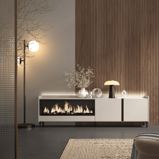 Móvel de TV, Muito espaço de arrumação, 212x35x61cm, Para televisores até 80, Lareira eléctrica XXL, Design industrial, LED, Estilo moderno, Bege Móvel de TV, Muito espaço de arrumação, 212x35x61cm, Para televisores até 80, Lareira eléctrica XXL, Design industrial, LED, Estilo moderno, Bege
