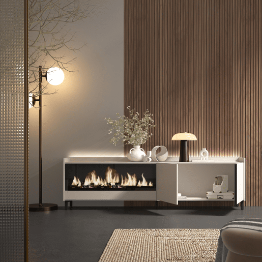 Móvel de TV, Muito espaço de arrumação, 212x35x61cm, Para televisores até 80, Lareira eléctrica XXL, Design industrial, LED, Estilo moderno, Bege Móvel de TV, Muito espaço de arrumação, 212x35x61cm, Para televisores até 80, Lareira eléctrica XXL, Design industrial, LED, Estilo moderno, Bege
