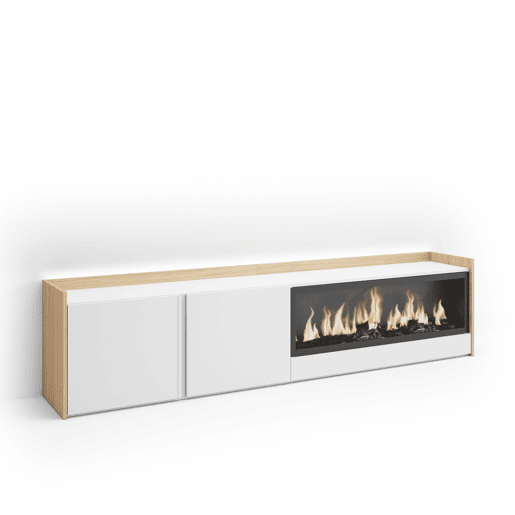 Móvel de TV, Muito espaço de arrumação, 212x35x50cm, Para televisores até 80, Lareira eléctrica XXL, LED, Estilo moderno, Branco e Carvalho soft