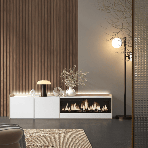Móvel de TV, Muito espaço de arrumação, 212x35x50cm, Para televisores até 80, Lareira eléctrica XXL, LED, Estilo moderno, Branco e Carvalho soft