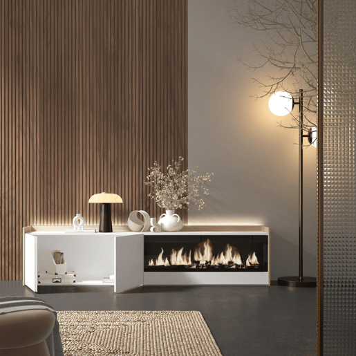 Móvel de TV, Muito espaço de arrumação, 212x35x50cm, Para televisores até 80, Lareira eléctrica XXL, LED, Estilo moderno, Branco e Carvalho soft