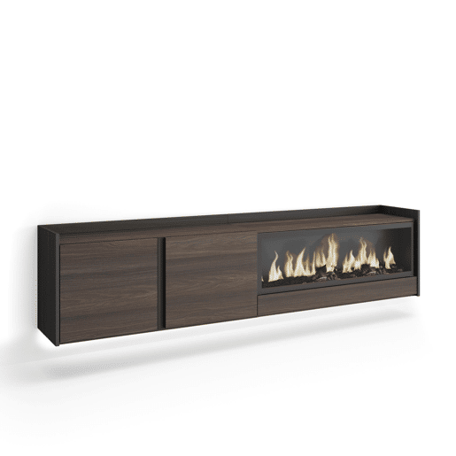 Móvel de TV, Muito espaço de arrumação, 212x35x50cm, Para televisores até 80, Lareira eléctrica XXL, Suspensos, LED, Estilo moderno, Carvalho escuro e Preto