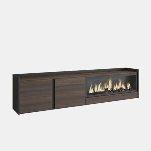 Móvel de TV, Muito espaço de arrumação, 212x35x50cm, Para televisores até 80, Lareira eléctrica XXL, Suspensos, LED, Estilo moderno, Carvalho escuro e Preto