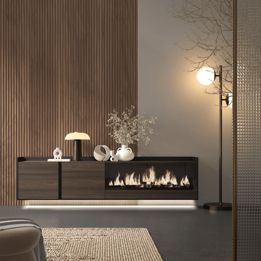 Móvel de TV, Muito espaço de arrumação, 212x35x50cm, Para televisores até 80, Lareira eléctrica XXL, Suspensos, LED, Estilo moderno, Carvalho escuro e Preto