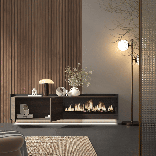 Móvel de TV, Muito espaço de arrumação, 212x35x50cm, Para televisores até 80, Lareira eléctrica XXL, Suspensos, LED, Estilo moderno, Carvalho escuro e Preto