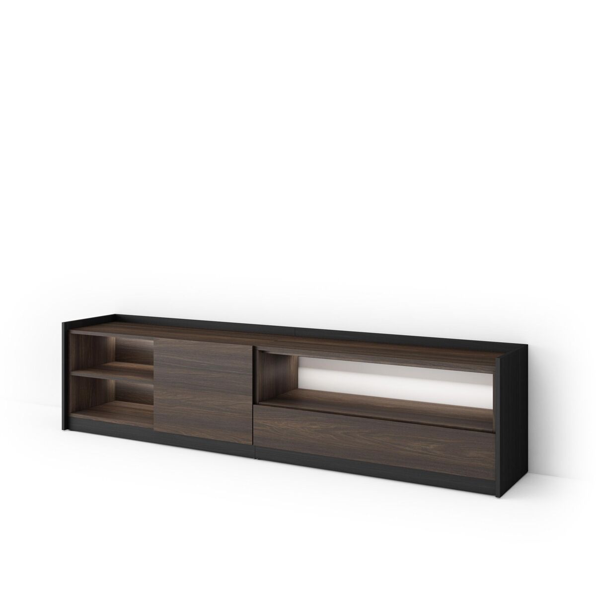 Mueble tv, televisión, muebles de salón, almacenaje, 207x37x50cm, para tv hasta 80", led, estilo moderno, roble oscuro y negro