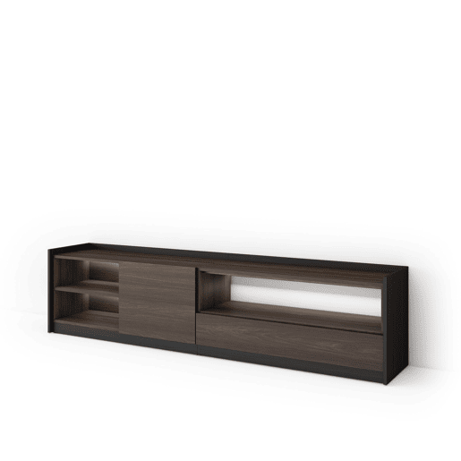 Móvel de TV, Muito espaço de arrumação, 207x37x50cm, Para televisores até 80, LED, Estilo moderno, Carvalho escuro e Preto