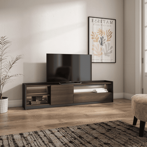 Móvel de TV, Muito espaço de arrumação, 207x37x50cm, Para televisores até 80, LED, Estilo moderno, Carvalho escuro e Preto