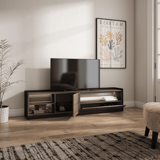Móvel de TV, Muito espaço de arrumação, 207x37x50cm, Para televisores até 80, LED, Estilo moderno, Carvalho escuro e Preto