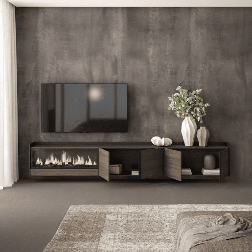 Móvel de TV, Muito espaço de arrumação, 315x35x50cm, Para televisores até 80, Lareira eléctrica XXL, Suspensos, Estilo moderno, Carvalho escuro e Preto Móvel de TV, Muito espaço de arrumação, 315x35x50cm, Para televisores até 80, Lareira eléctrica XXL, Suspensos, Estilo moderno, Carvalho escuro e Preto