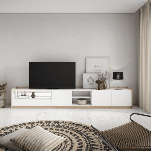 Móvel de TV, Muito espaço de arrumação, 310x37x50cm, Para televisores até 80, LED, Estilo moderno, Branco e Carvalho soft Móvel de TV, Muito espaço de arrumação, 310x37x50cm, Para televisores até 80, LED, Estilo moderno, Branco e Carvalho soft