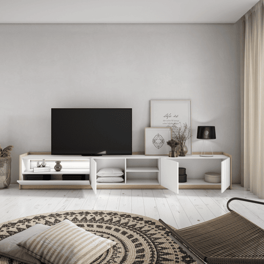 Móvel de TV, Muito espaço de arrumação, 310x37x50cm, Para televisores até 80, LED, Estilo moderno, Branco e Carvalho soft Móvel de TV, Muito espaço de arrumação, 310x37x50cm, Para televisores até 80, LED, Estilo moderno, Branco e Carvalho soft