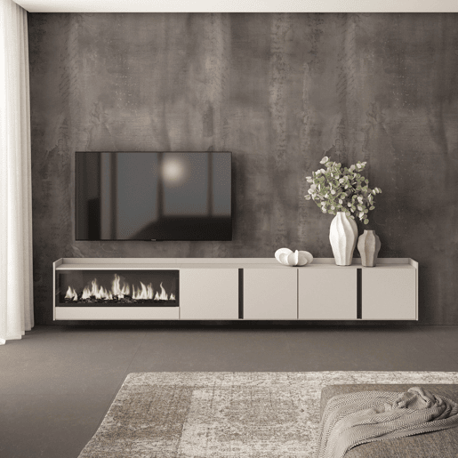 Móvel de TV, Muito espaço de arrumação, 315x35x50cm, Para televisores até 80, Lareira eléctrica XXL, Suspensos, Estilo moderno, Bege Móvel de TV, Muito espaço de arrumação, 315x35x50cm, Para televisores até 80, Lareira eléctrica XXL, Suspensos, Estilo moderno, Bege