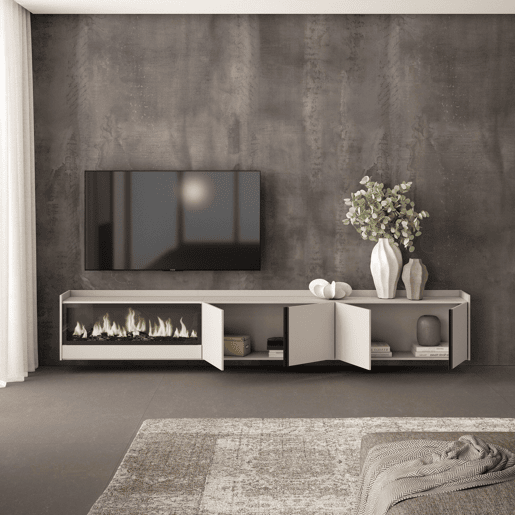 Móvel de TV, Muito espaço de arrumação, 315x35x50cm, Para televisores até 80, Lareira eléctrica XXL, Suspensos, Estilo moderno, Bege Móvel de TV, Muito espaço de arrumação, 315x35x50cm, Para televisores até 80, Lareira eléctrica XXL, Suspensos, Estilo moderno, Bege