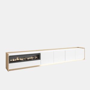 Móvel de TV, Muito espaço de arrumação, 310x37x50cm, Para televisores até 80, Lareira eléctrica, LED, Estilo moderno, Branco e Carvalho soft